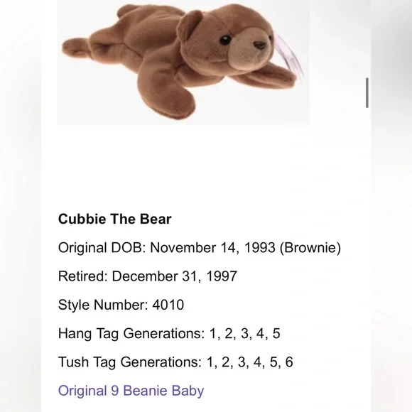 TY CUBBIE NWT Retired 1993 Original-9 Beanie Babies, 4th Generation, PVC Pellets - Picture 10 of 11